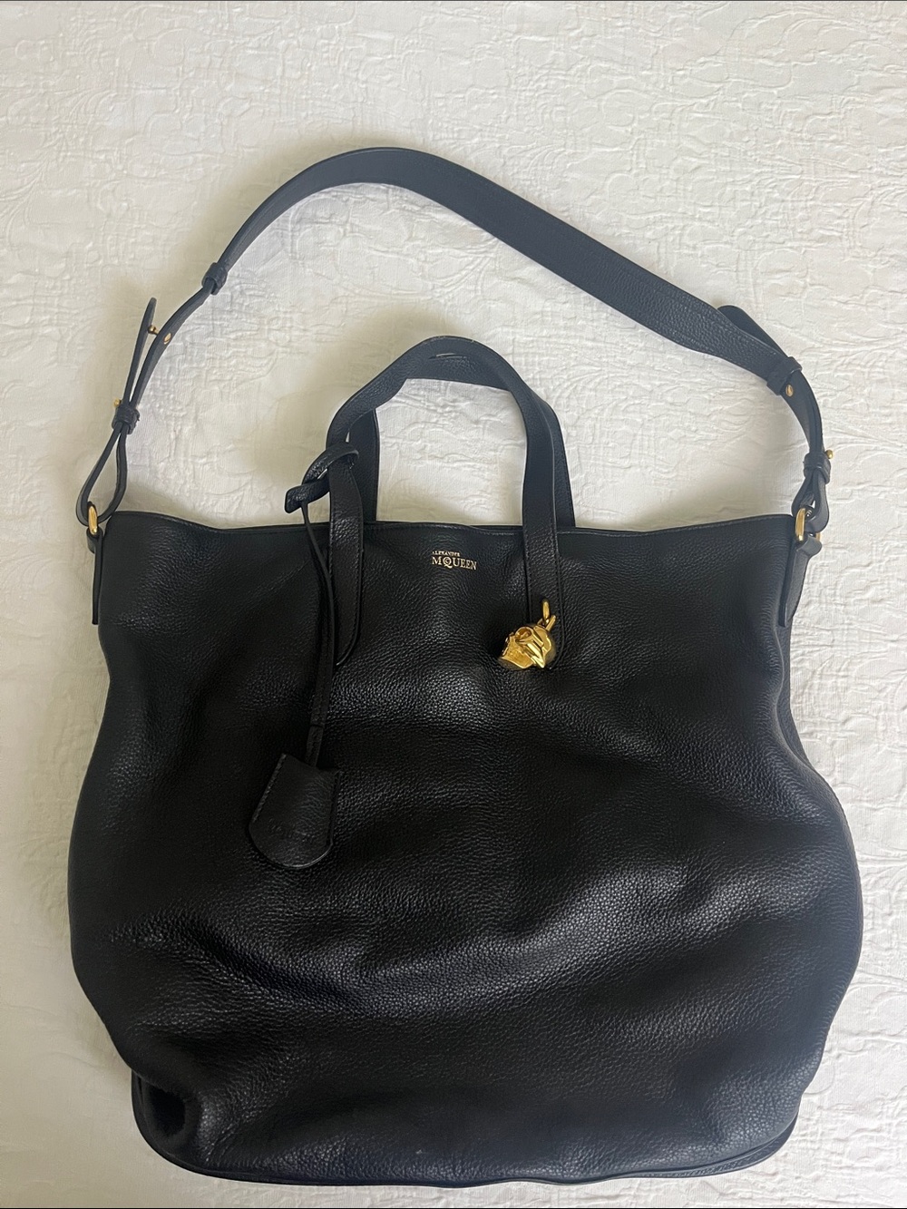 Alexander McQueen Black Pebbled Leather Tote with Gold Skull Charm